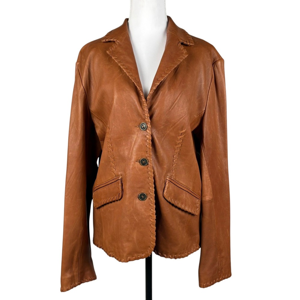 Ruff Hewn Western Leather Jacket Womens XL Cognac Brown Whipstitch Trim Retro
